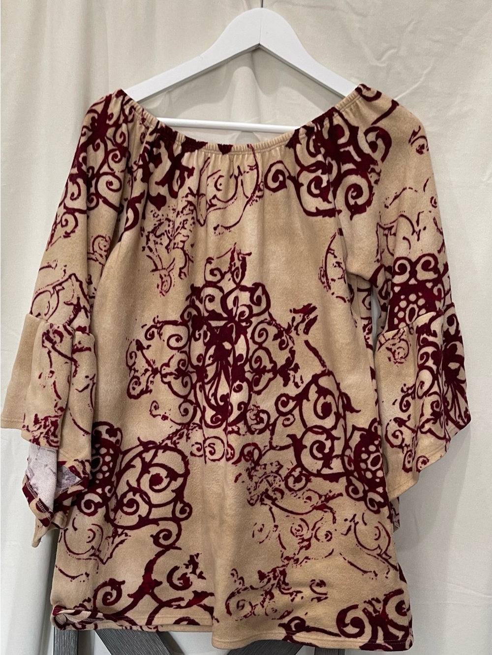 Beige and Burgundy Printed Off-Shoulder Women's Top